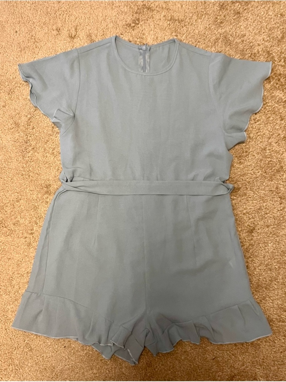 Girls' Light Blue Ruffle Sleeve One-Piece Romper with Self Tie